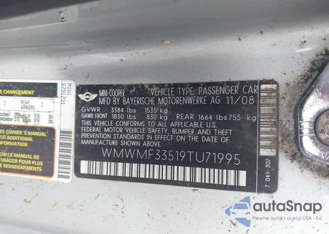 2009 Mini Cooper from USA, damaged, VIN WMWMF33519TU71995